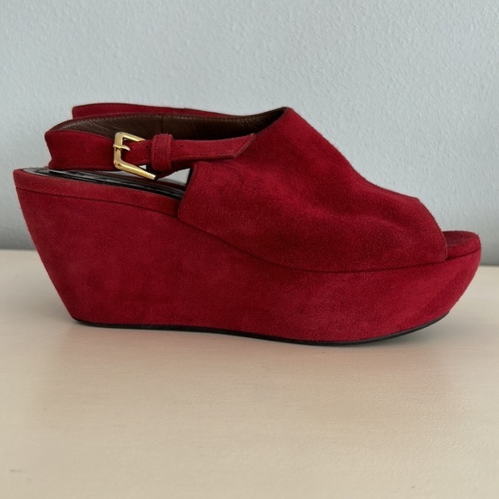 Marni • Vintage Ruby Red Burgundy Peep Toe Slingback Platform Wedges Fits 6-6.5